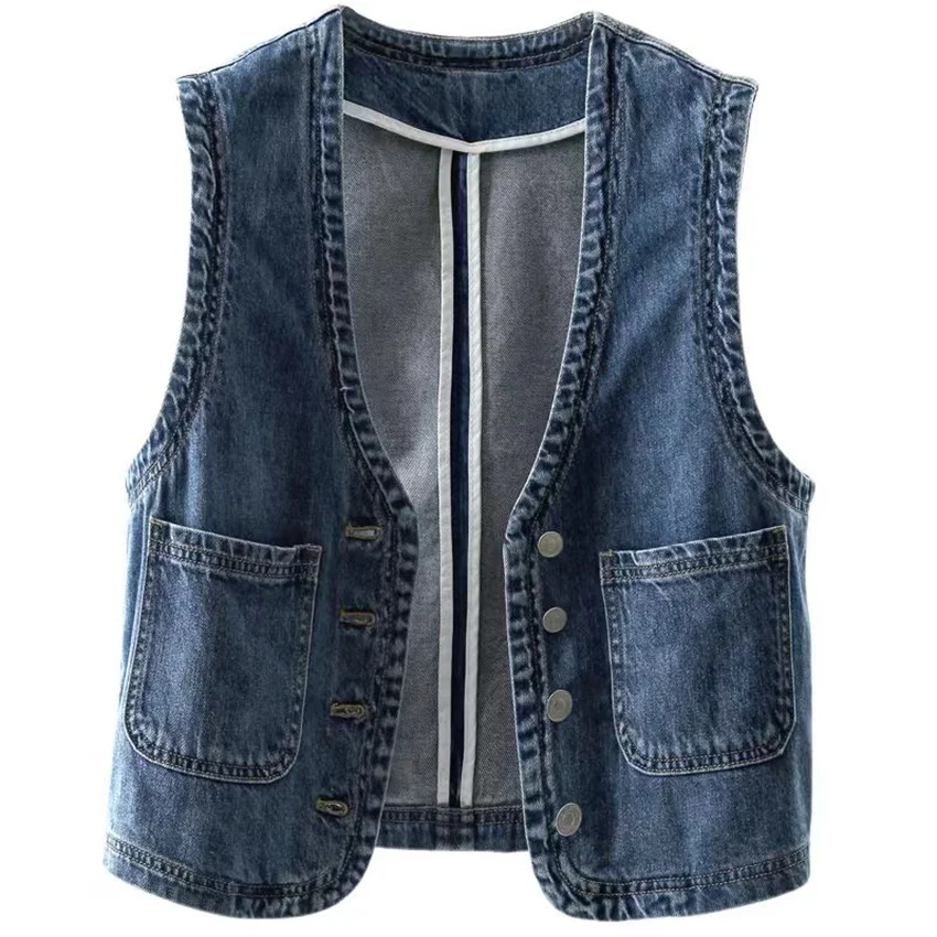 

2023 New Big Size European Denim Waistcoat Summer Women Blue Denim Vest Fashion Slim Lady Sleeveless Coat Jacket Outwear WZ2196