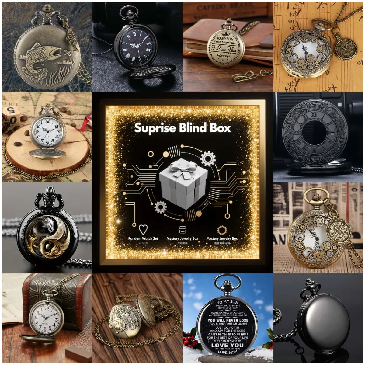 1PC Surprise Mystery Watch Blind Box-Fashion Vintage Men's Quartz Pocket Watch…
