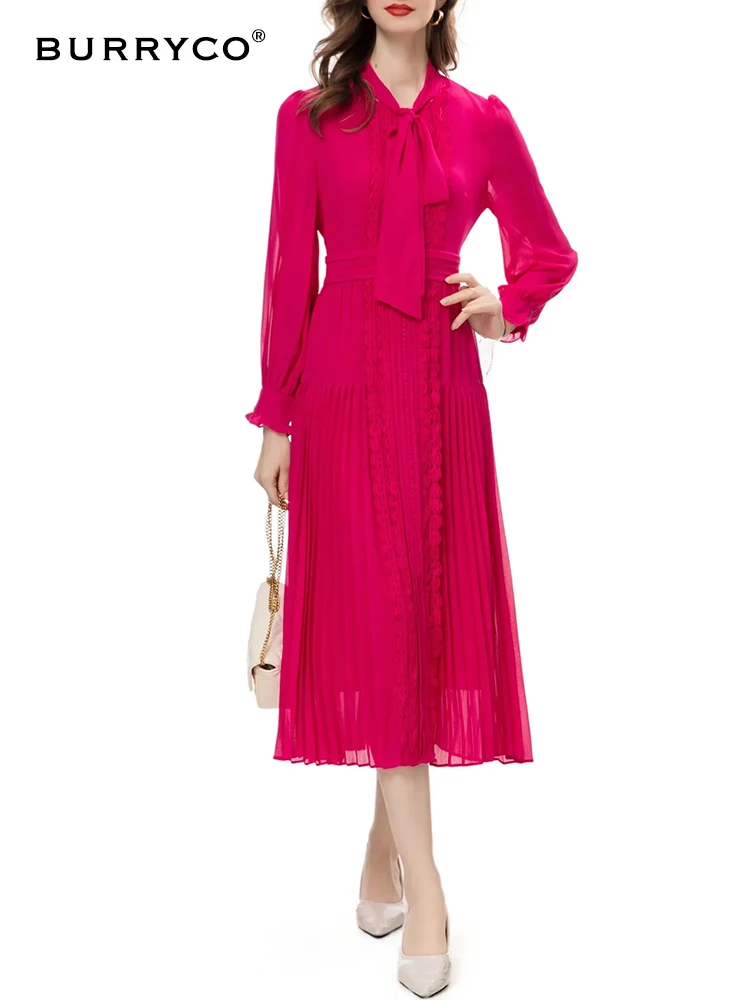 

BURRYCO Autumn 2023 Women's New European Station Strap Chiffon Pleated Lace Splicing Dress