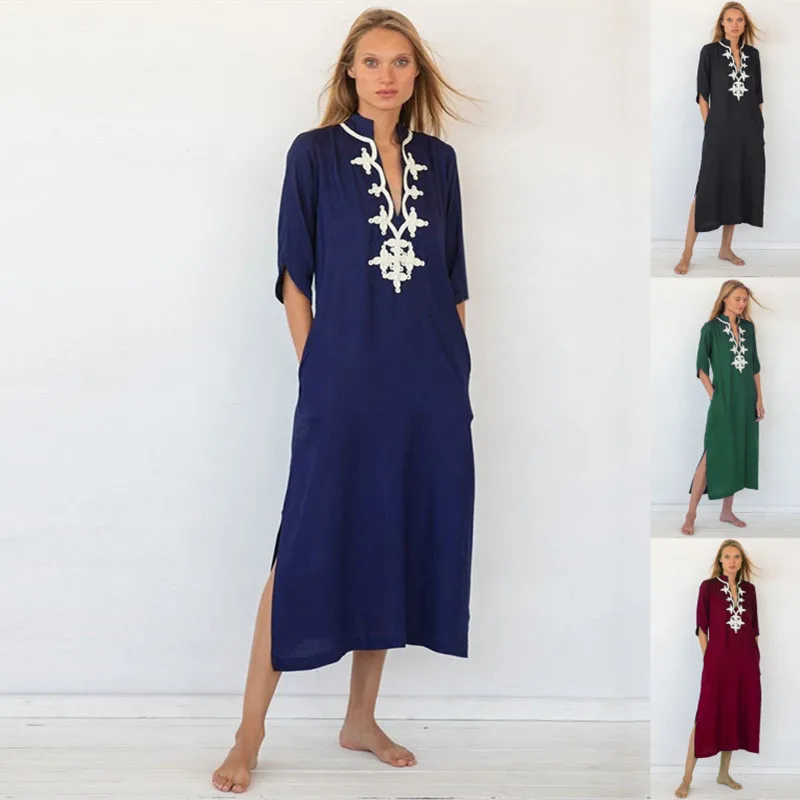 

Embroidered beach with chest casual dress embroidered vacation bikini cover up Tunics for Beach Pareo Sarong Beachwear