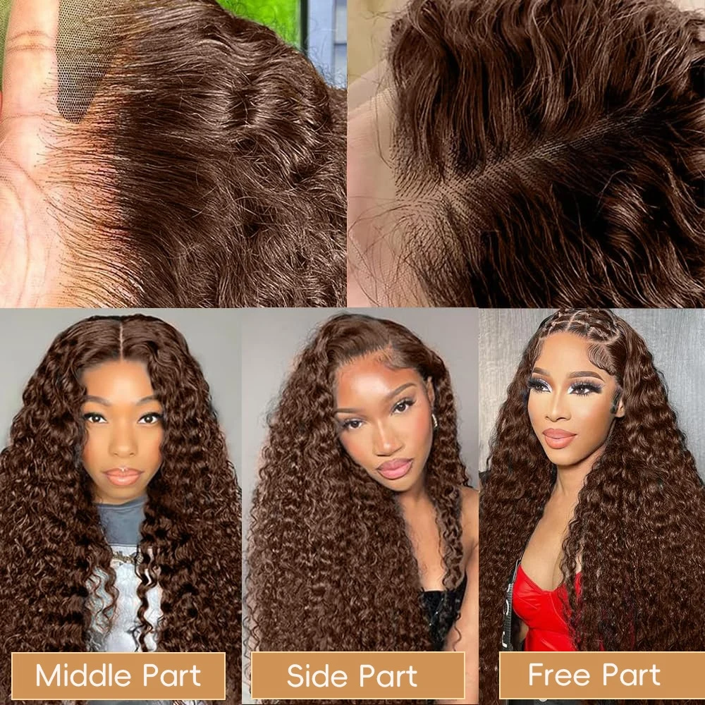 Human Hair Wig Chocolate Brown Full Lace Wig Human Hair Peruvain Remy Hair Transparent Lace Front Wig Deep Wave Pre Plucked