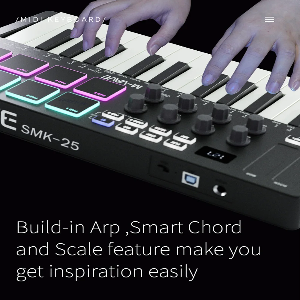 MIDI Keyboard Controller Beat Maker Machine Rechargeable 25 Keys MIDI Keyboard Arranging Strike Pad RGB Assignable Knobs