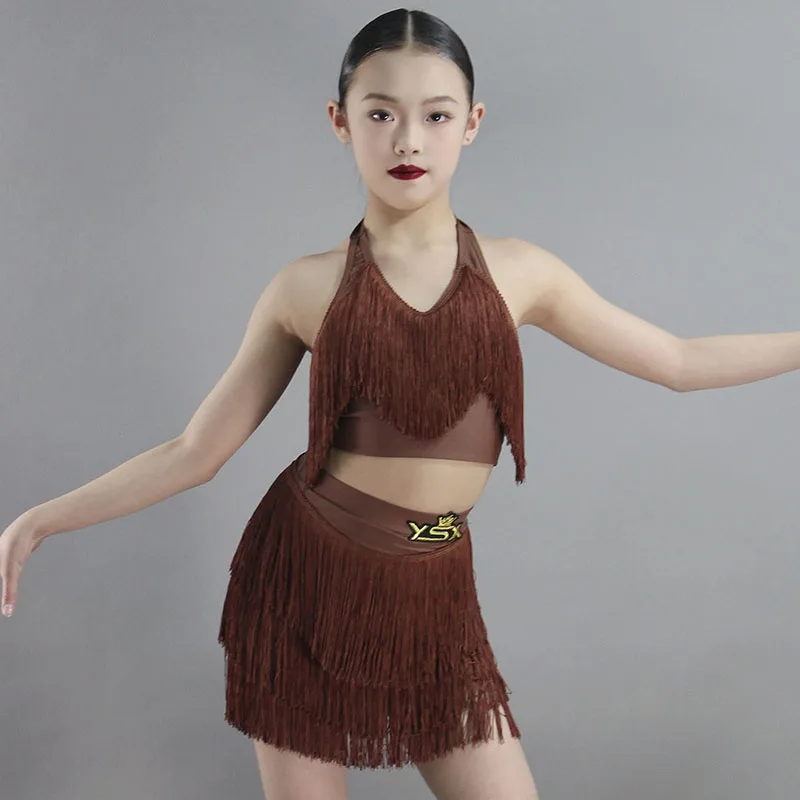 

New Girls Latin Clothes Brown Tassel Tops Skirt Cha Cha Rumba Samba Practice Wear Performance Clothing Kids Latin Dress DNV19981