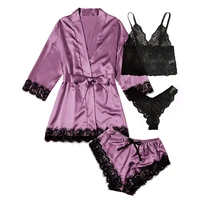 Women's Summer Sexy Pajama Pants Set 4 Pieces Lace Satin With Silk Sleepwear Robe Fashion And Comfortable Nightwear - Image 3