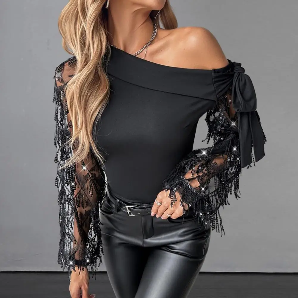 

Women Casual Spring T-shirt Elegant Flower Embroidery Mesh One Shoulder Blouse with Lace Up Detail Hollow Out Design for Women's