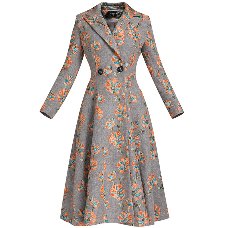 

Fashion Winter Wool Floral Coat Embroidery Jacket Wool & Blends Women Long Sleeve Overcoat Elegant Cashmere England Style