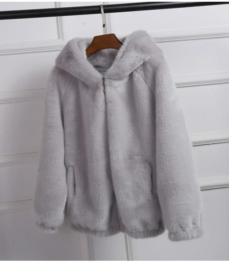 

Women Winter Thick Plush Hooded Short Fur Coat Loose Faux Fur Coat Girls Grey Overcoat Fluffy Furry Windbreaker Plus Size 3xl