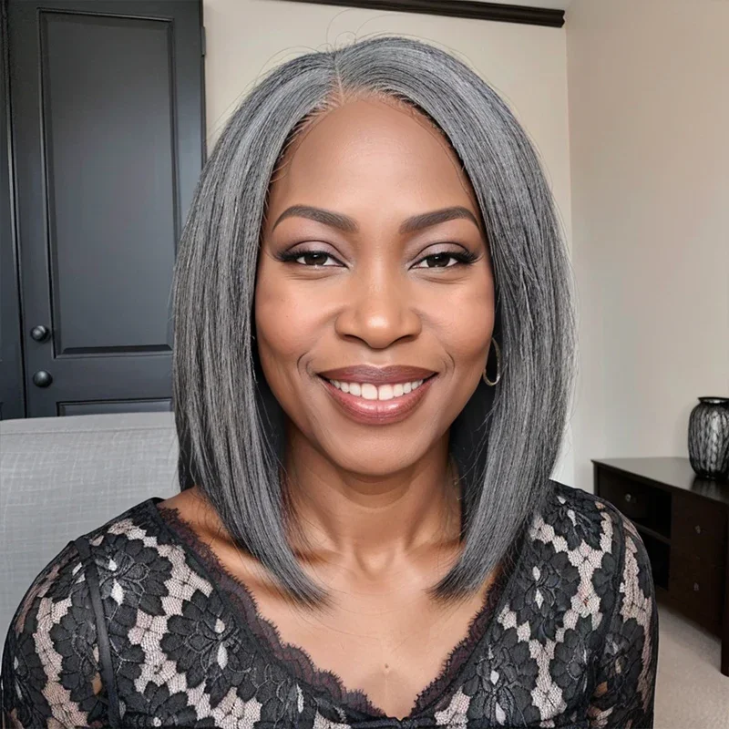 300% Density 13X4 Lace Front Wig Human Hair Salt & Pepper Gray Color Pre-Cut Straight Lace Front Wigs Human Hair For Black Women