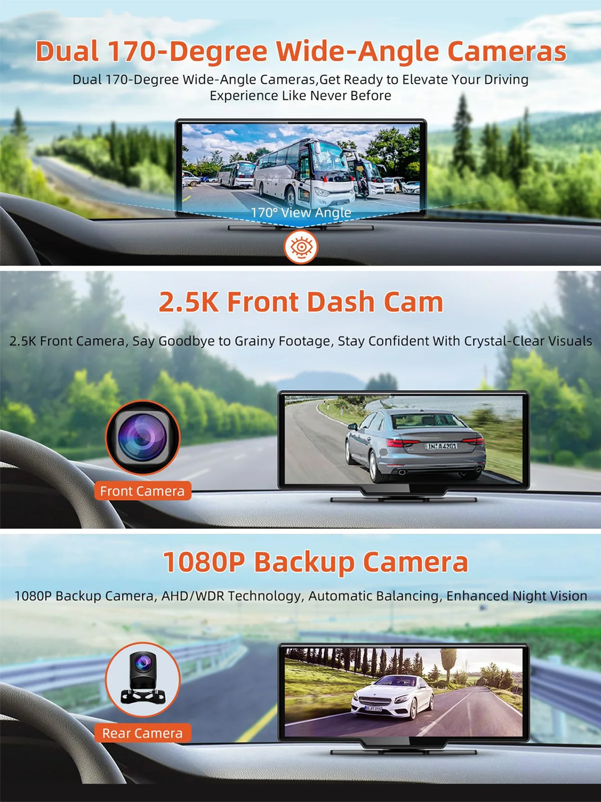 Portable Android Auto 9.3" HD IPS 2.5D Wireless Carplay for Car Plug in Dash Mount with 2.5K Dash Cam and 1080P Backup Camera