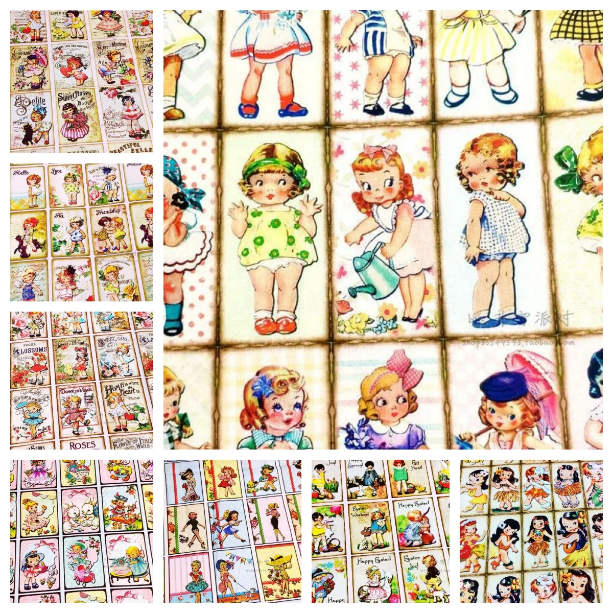 13 Vintage Cards Collection 1 Yard Cotton Woven Fabric Retro Cartoon Characters Vintage Doll Card Showa Girl
