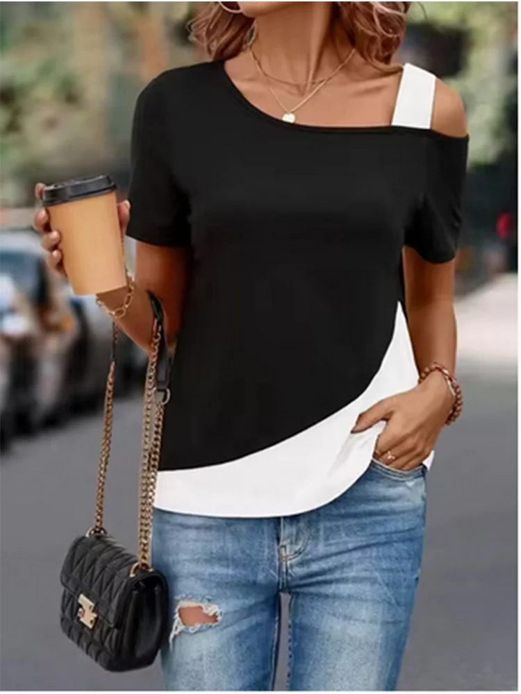 Trend Asymmetrische T-Shirt Weibliche Farbe Block Off Schulter Top Sommer Lose Beiläufige Kurzarm Solide Farben T – Detail 5