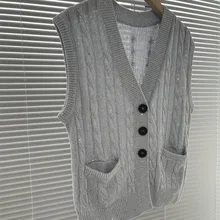  Women Light Gray Sequin Knit Vest V-neck Single Breasted Sleeveless Temperament Pockets Female Knitted Sweater Cardigan 