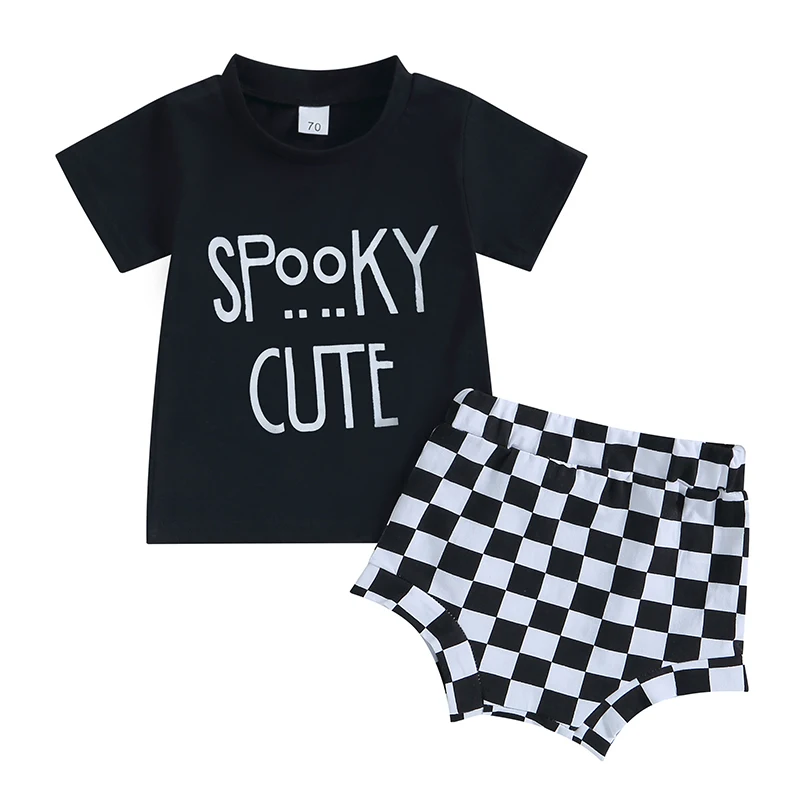 Baby Boys Shorts Set Short Sleeve Letters Print T-shirt with Elastic Waist Plaid Shorts Halloween Clothes