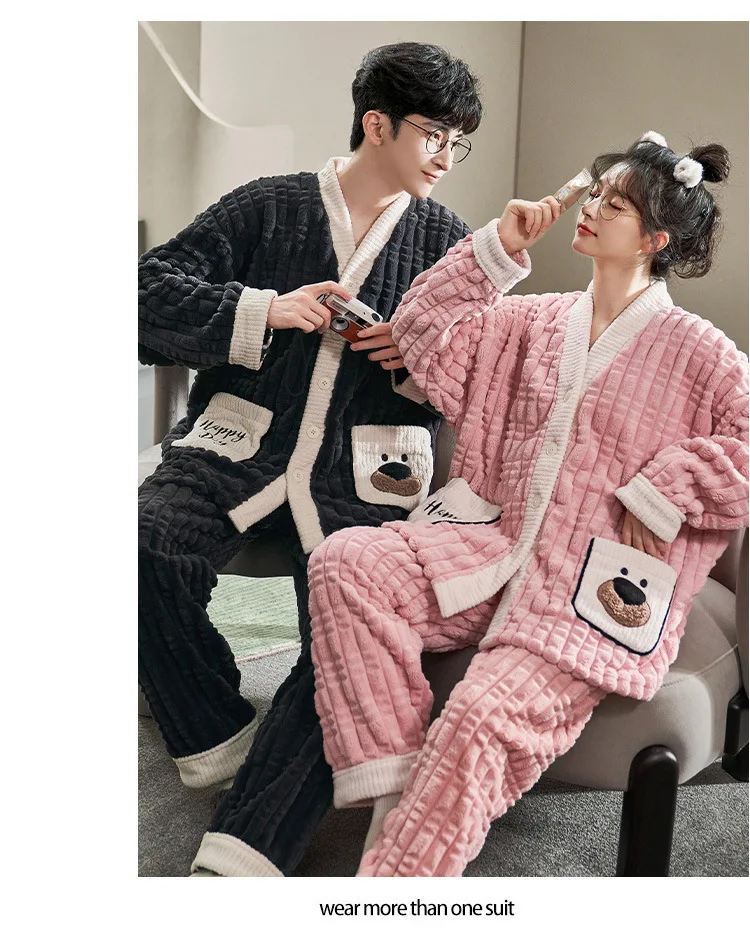 Yasuk Winter Women Men Casual Warm Soft Sleepwear Pajamas With Pant Velvet Fleecel Pink Bear Cute Couple Unisex Thick Pocket