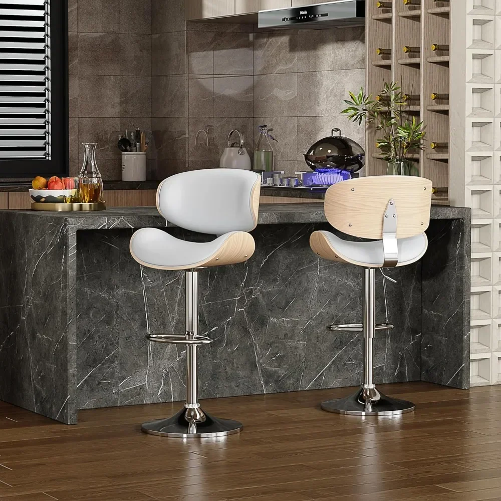 Bar Stools Set of 2, Adjustable Bent Wood Barstool, Modern PU Leather Upholstered Bars Chairs with Back and Footrest,Bar Chairs