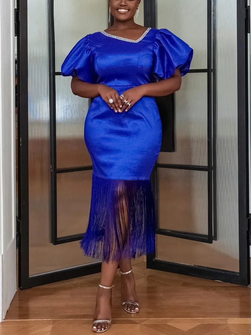 

Bodycon Women Shiny Blue Formal Occasion Dress Short Lantern Sleeve Skew Collar Slim Tassels Hem Celebrate Event Gown Plus Size