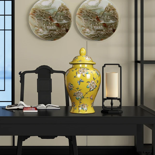 Elegáns Sárga Kerámia Váza Fedéllel Ellátott Pillangó Virág Dekoratív Edény Gyömbér Alakú Porcelán Vázák Fedő - Image 2