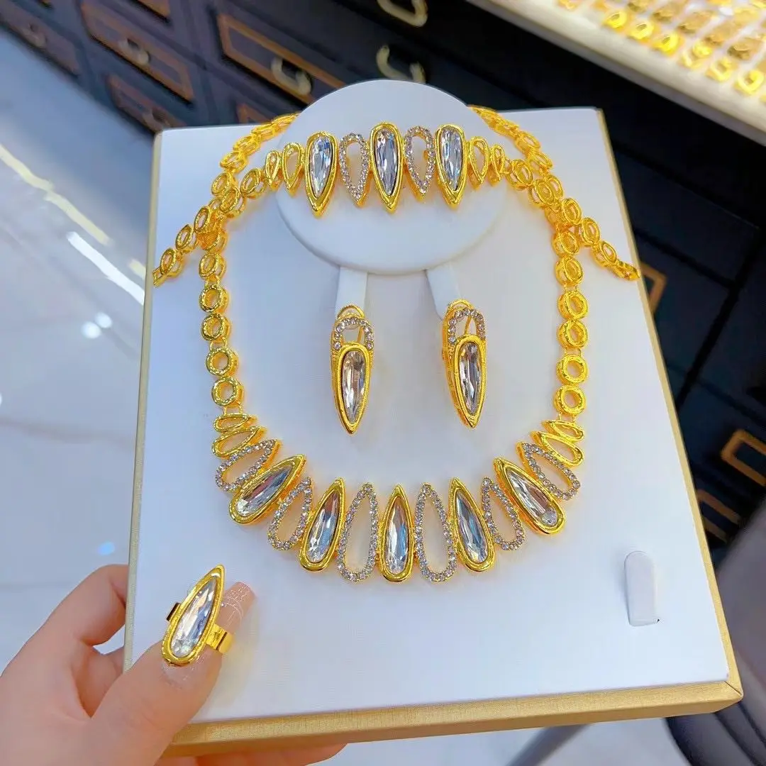 

Ожерелье и серьги из искусственного золота 24 карата, браслеты, женские серьги, свадебный подарок, ювелирный набор из 4 шт. YY10460