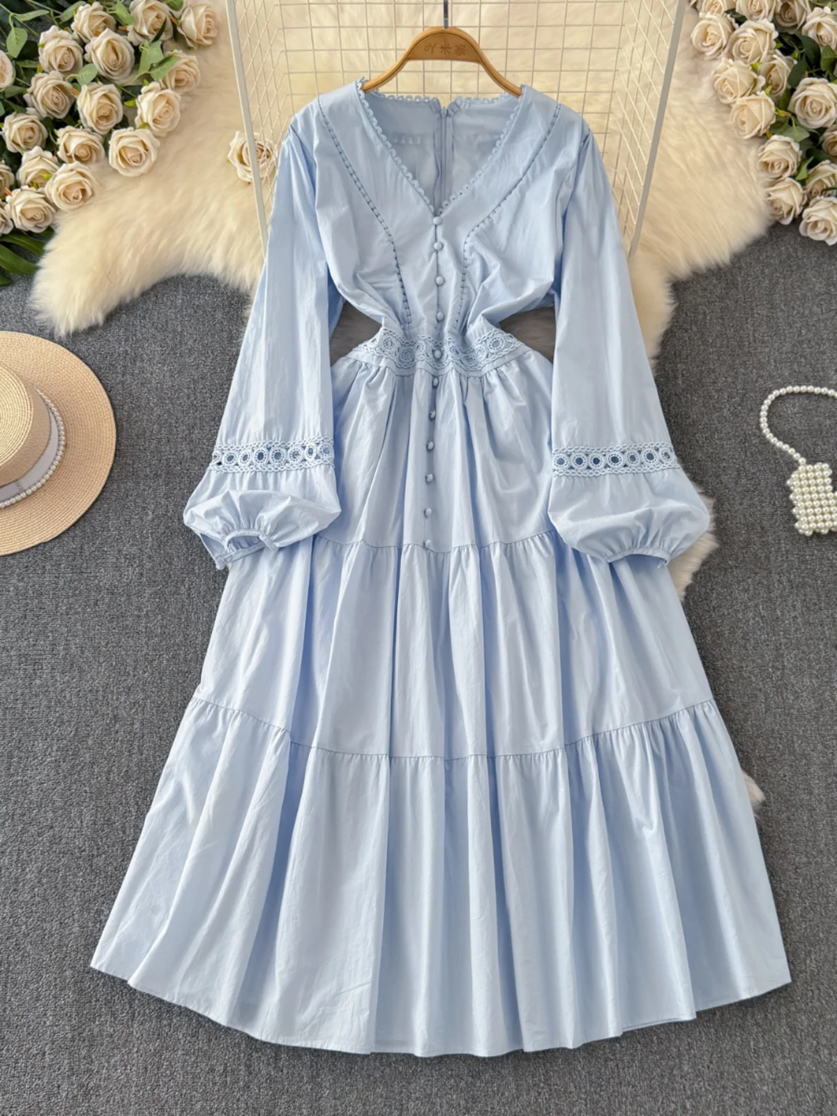 

Женское длинное кружевное платье, элегантное однотонное платье с V-образным вырезом и рукавами-фонариками, весна-осень