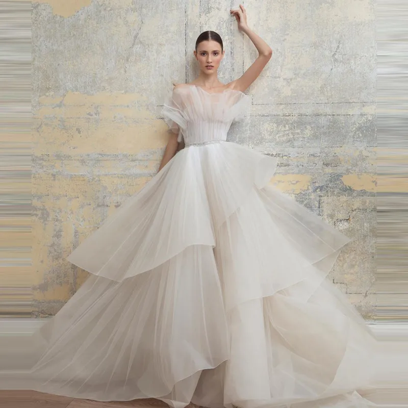 

Princess White Wedding Dress Vintage Sleeveless Illusion Organza Elegant Layered Ruffles Formal Evenning Prom Bridge Ball Gowns