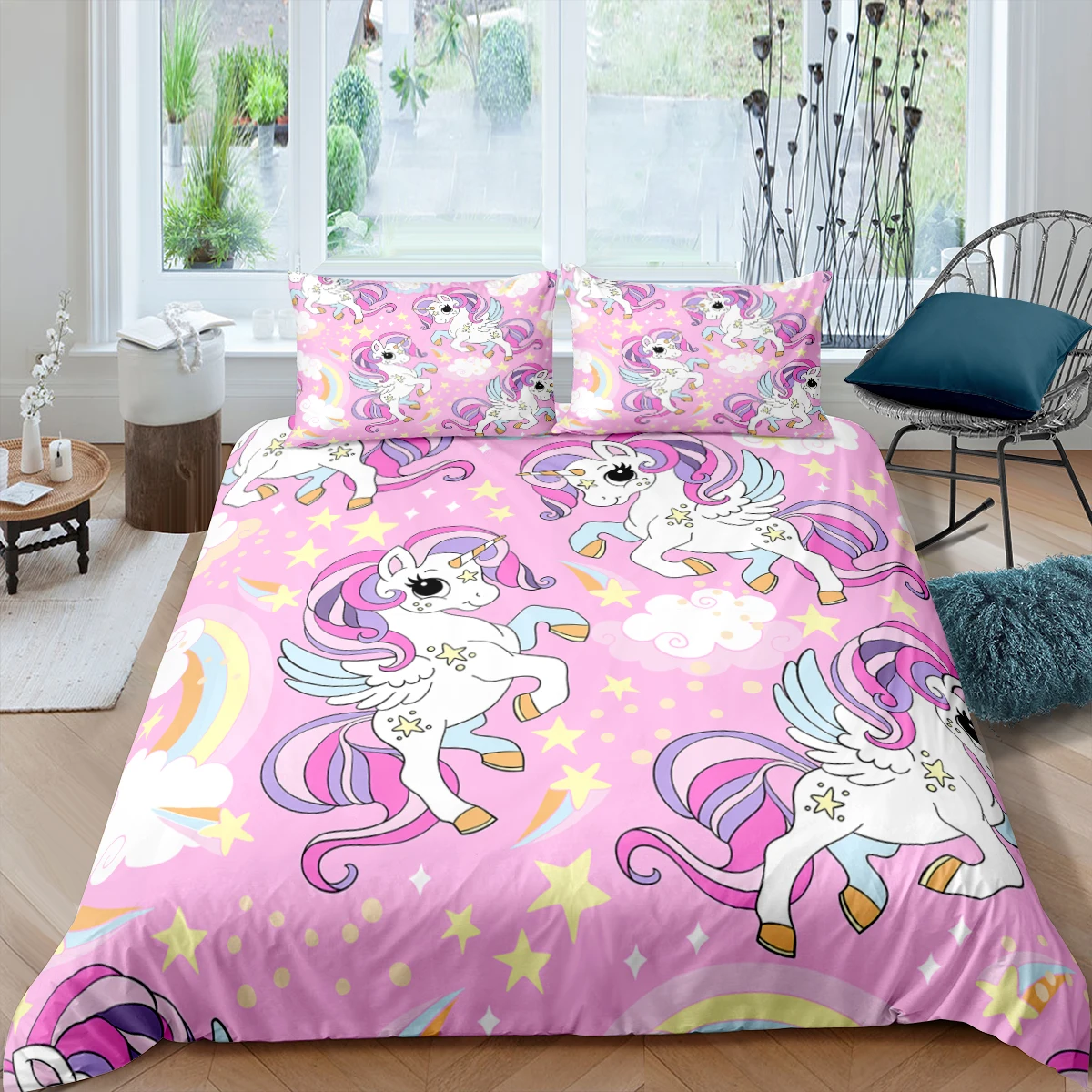 

Home Textiles Luxury 3D Print Unicorn Duvet Cover Set Pillowcase Rainbow Stars Bedding Set Queen and King Size Polyester Bedding