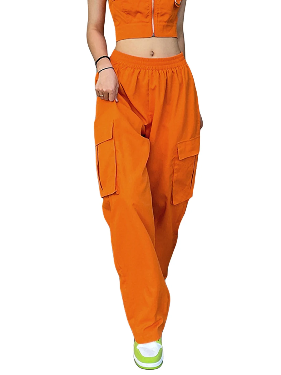 

Повседневные оранжевые женские брюки с эластичным поясом, однотонные прямые брюки-карго с карманами