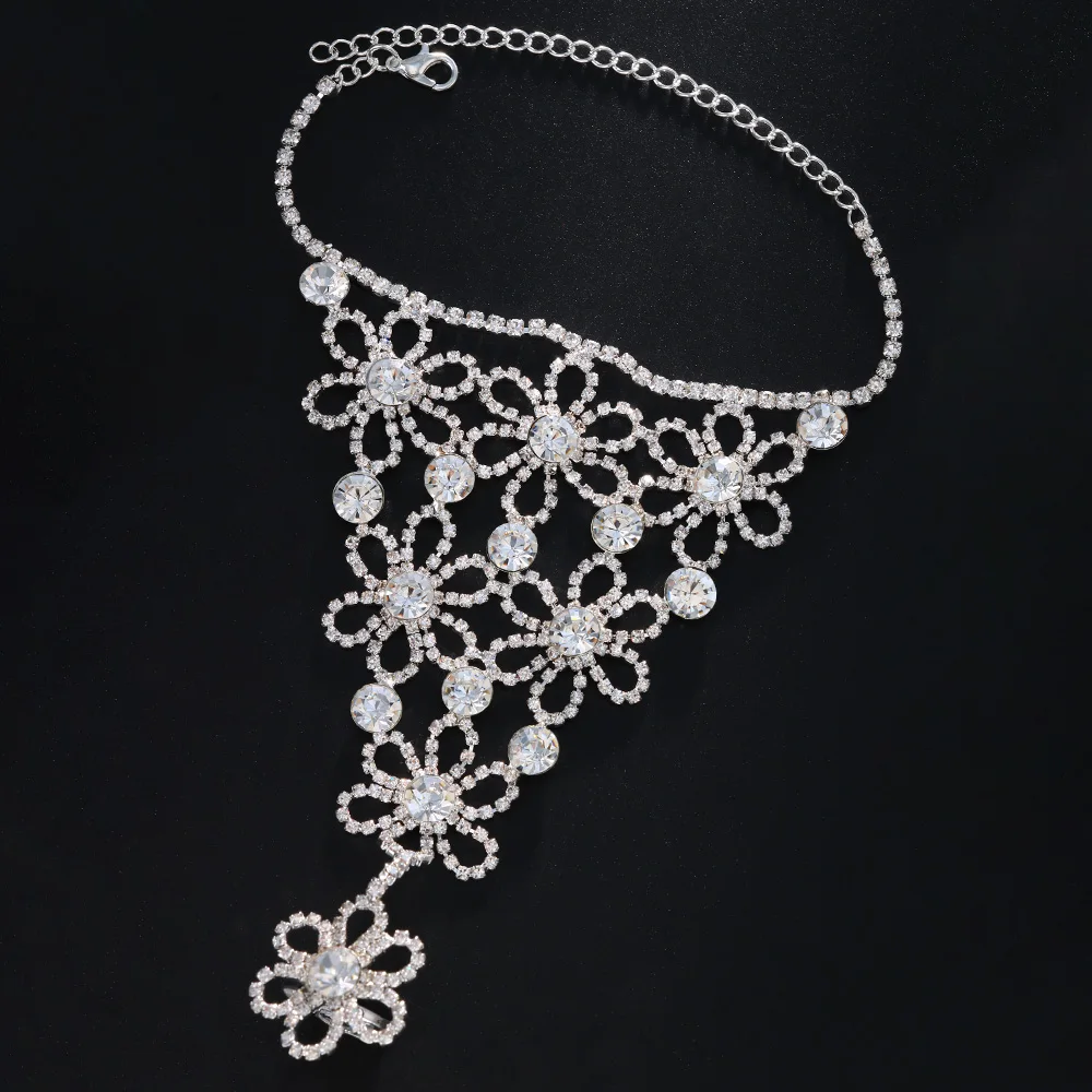 Stonefans Luxury Flower Crystal Finger Chain Bracelets for Women Rhinestone Slave Chain Bangles Wedding Party Bride Hand Jewelry