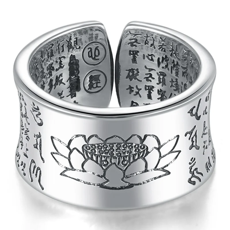 

999 Silver Ring Men Buddhist Heart Sutra Signet Ring Vintage Opening Adjustable Female Women Rings Sterling Silver Jewelry
