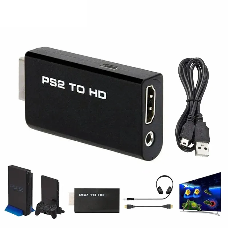 PS2 게임 콘솔용 3.5mm 오디오 잭이 있는 PS2-HDMI 변환 어댑터, 480i 480p 576i HDTV 모니터 지원