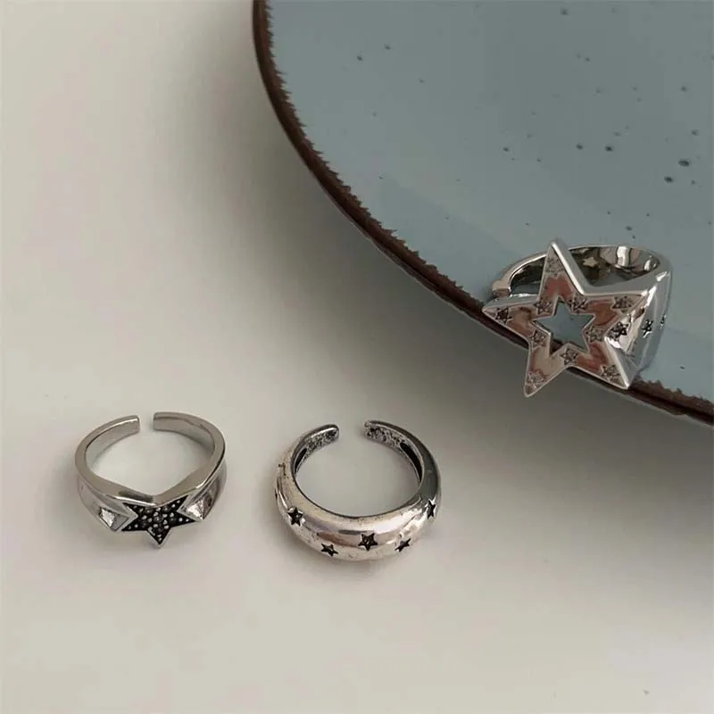Vintage Punk Hollow Irregular Star Couple Rings for Women Men Fashion Shiny Crystal Pentagram Adjustable Ring Lover Jewelry 6