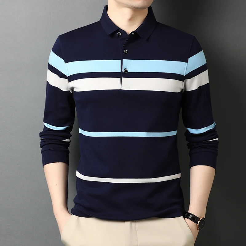 

2022 New 100％ Cotton Men's Brand Polo Shirt Striped Long Sleeve T-Shirt Business Casual Lapel Fashion Top Soft Comfort Strong