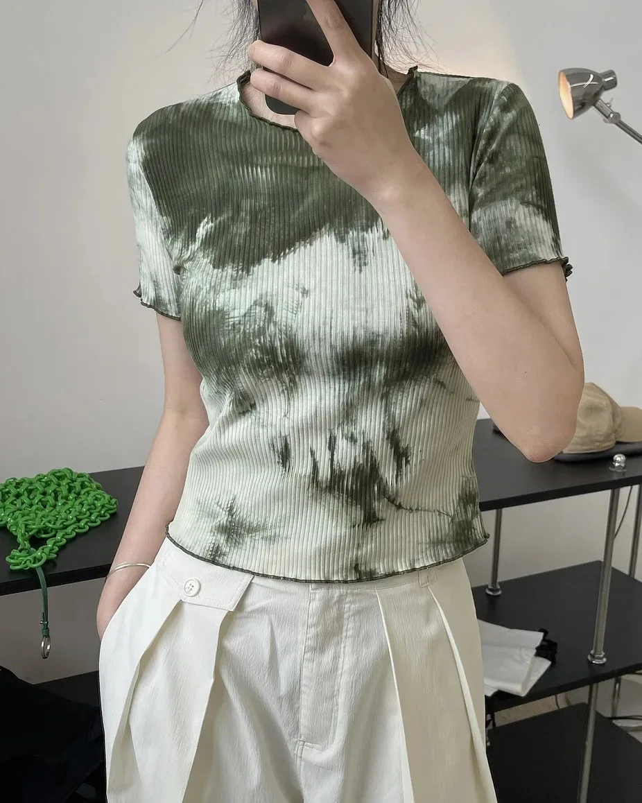 

Tie Dye Crop Top Rib Knitted Cotton Short Sleeve Tees Shirt Women