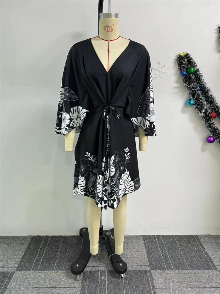 Wmstar Women Dress Summer Elegant Sexy Long Sleeve Comfortable Slit V Neck Printed Vacation Beach Dress Evening Party Outfits