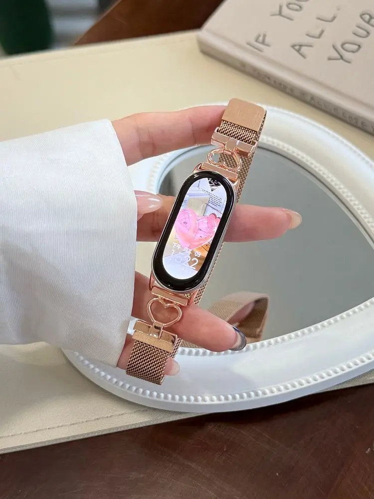 Heart-Shaped Milanese Mesh Magnetic Watch Strap with Clasp