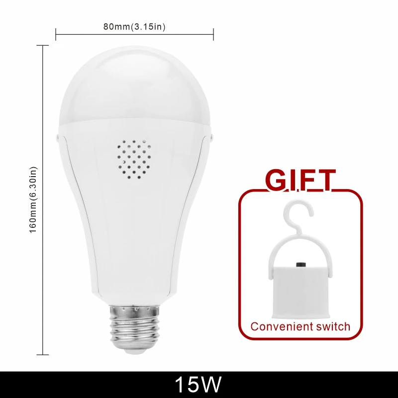 Portátil e27 15w led lâmpada de emergência 1600mah recarregável lâmpada de acampamento 85-265v para casa falha de energia tenda lâmpada de jardim
