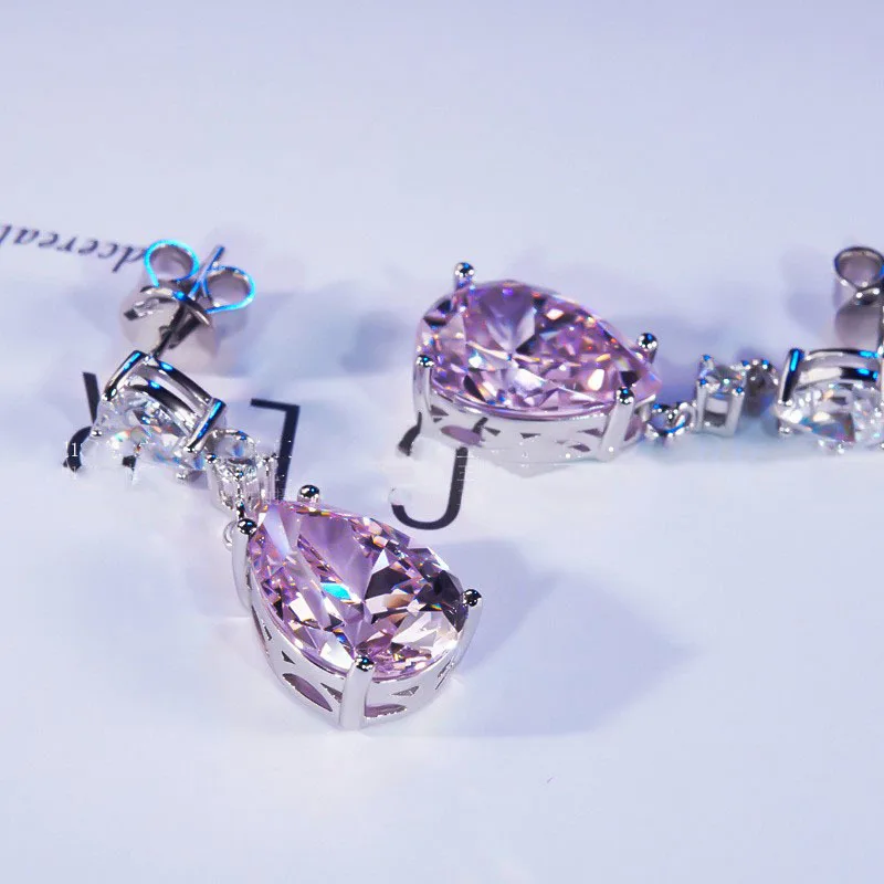 Pink Diamond Water Drop Earrings S925 Silver Luxury Elegant Temperament Earrings Exquisite Eight Hearts Eight Arrows Imitation