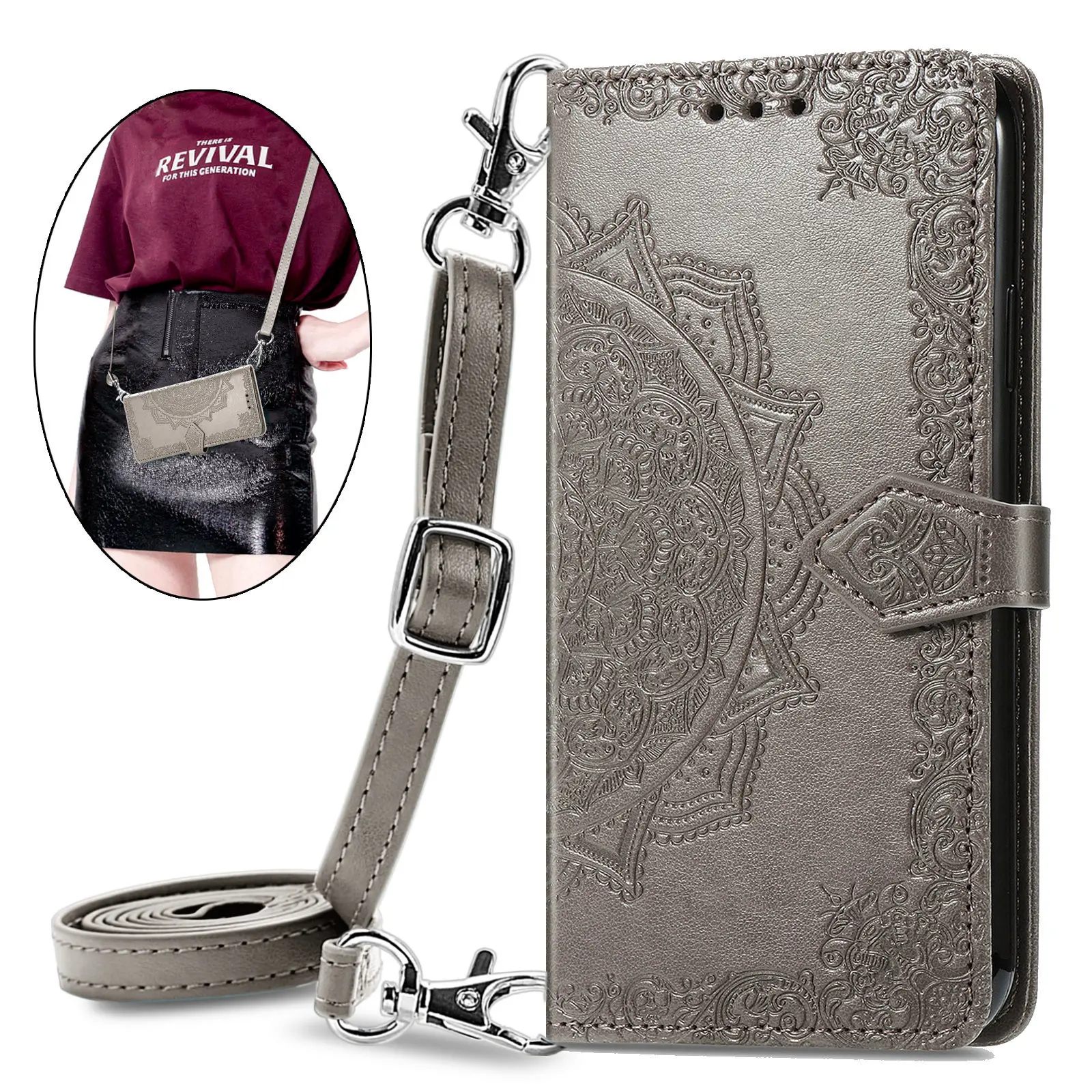 Mandala Flower Leather Strap Crossbody Flip Wallet Case with Card Slots