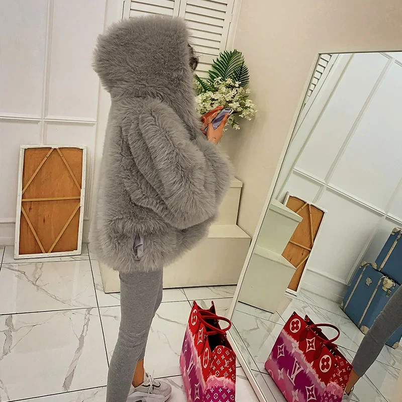 Artificial Fox Fur Grass Coat for Women's Short Winter Hooded Loose Lazy Knitted Thick Warm Fur Outerwear Long Sleeve Jackets