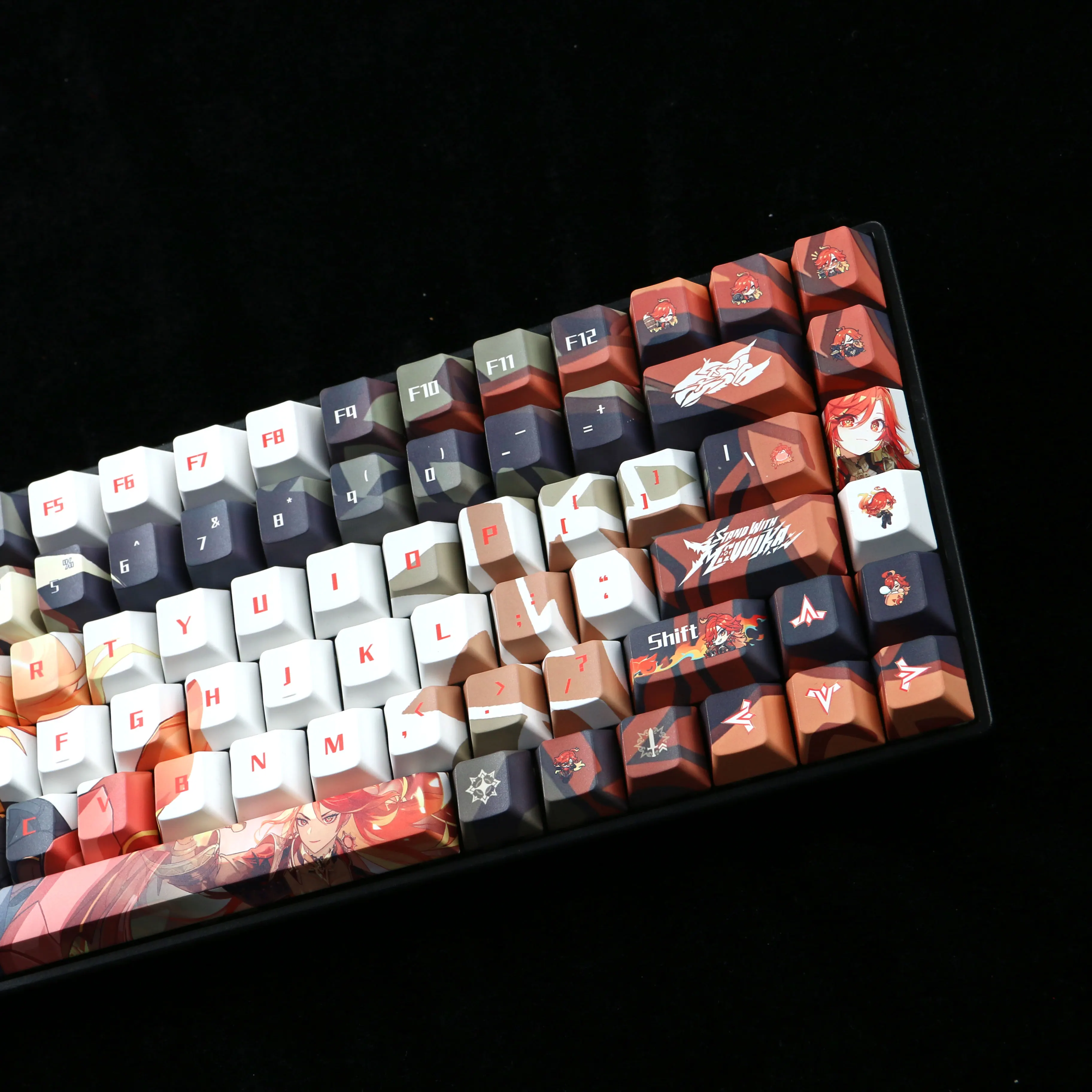 Genshin Impact Mavuika PBT mechanische 120-Tastenkappen, Cosplay-Requisiten, Achseseite, gravierte mechanische Tastenkappen, Gaming-Tischzubehör – Detail 11