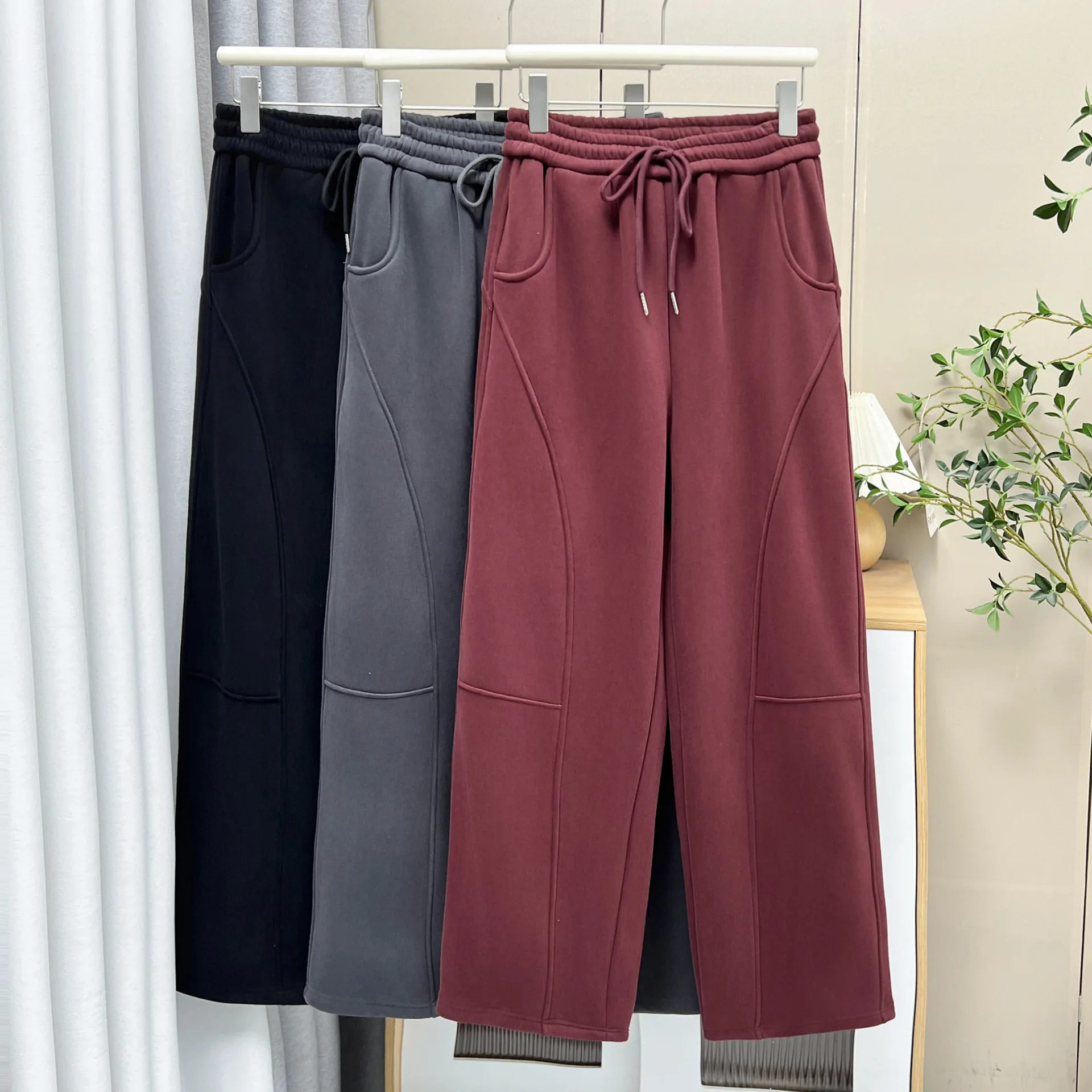 Winter New Style Simple Commuting Fleece Cover Casual Long Straight Trousers XXXXL Fashion Plus Size Women's Wide Leg Pants 8032