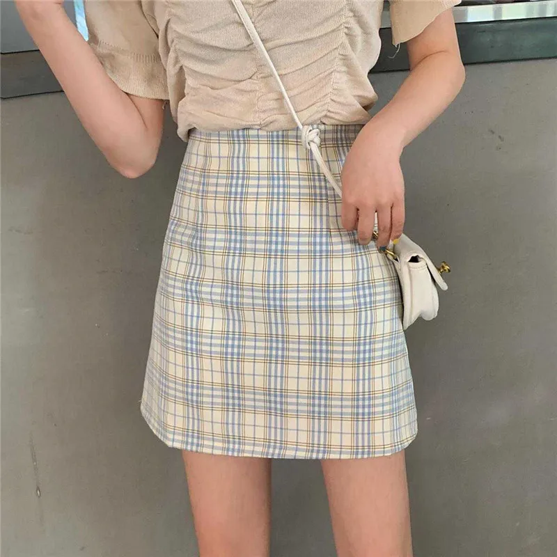 leather skirt 2022 Summer New Sexy Short Skirt Women Retro Bag Hip High-Waisted Skirt Lined Plaid A-Line Skirts School Girls jean skirt