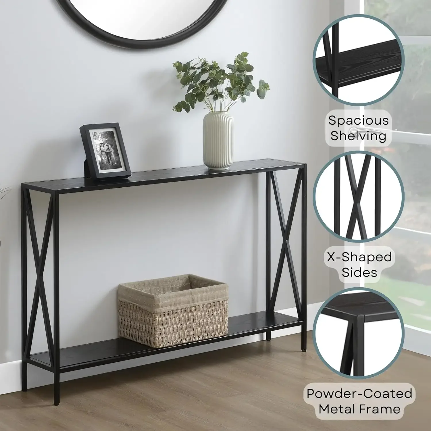Tucson Console Table 47.25" - Modern Sofa Table with Storage Shelf, Entryway Hall Table for Living Room, Black