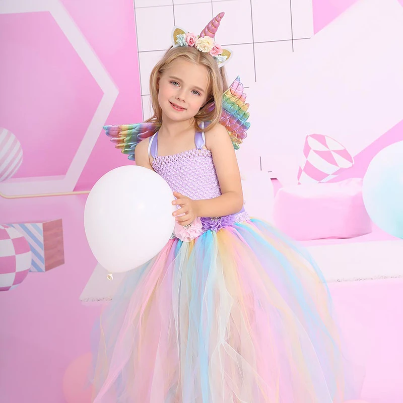 

Pastel Unicorn Girls Tutu Dress Outfits Baby Birthday Party Princess Costumes Teens Kids Wedding Flower Girls Tulle Long Dresses