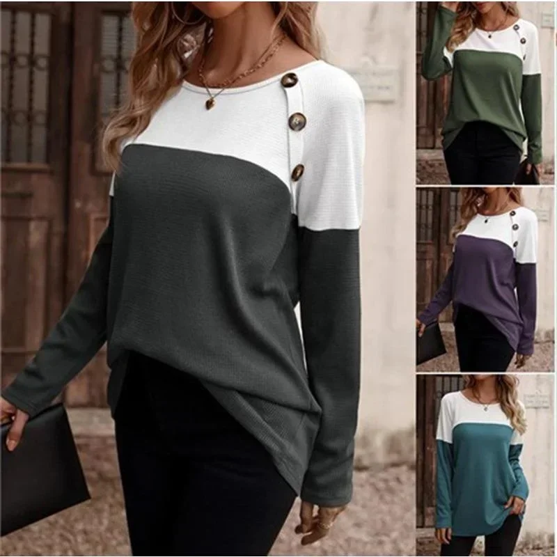 

Autumn and Winter New Women's Top Fashion Round Neck Long-sleeved Buttons Loose Casual Colour Blocking Solid Colour T-shirt