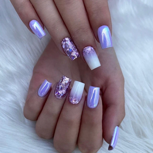 24P purple French white small flower nail art fake nails almond Nail  finished product removable Coffin Ballerina Press On Nails - AliExpress
