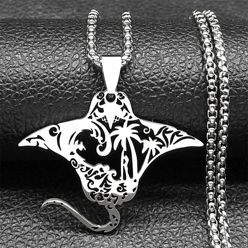 Nette Manta Ray Meer Teufel Fisch Anhänger Halskette Für Frauen Männer Edelstahl Gold Silber Farbe Kokospalme Natur Kette Schmuck