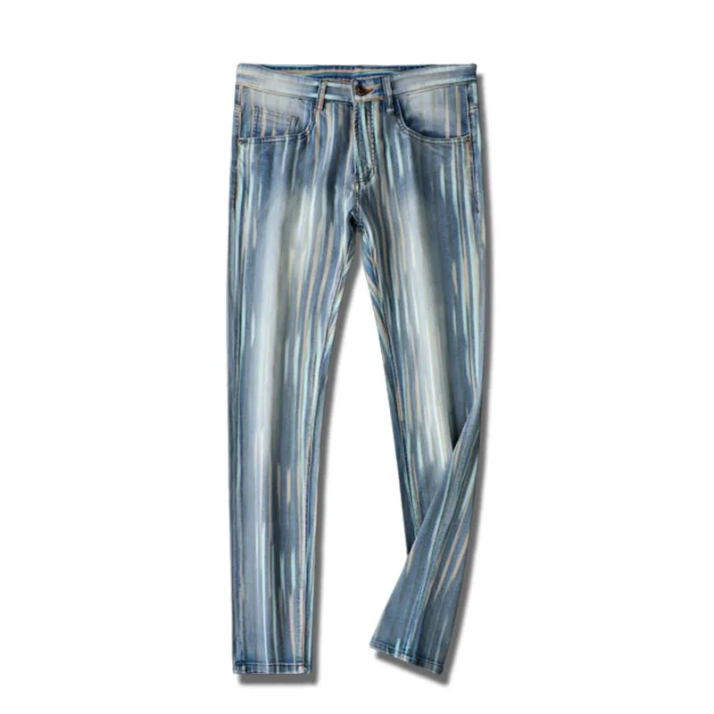 Fashionable men\'s blue personality color contrast striped jeans men slim stretch summer slim men\'s small straight leg pants