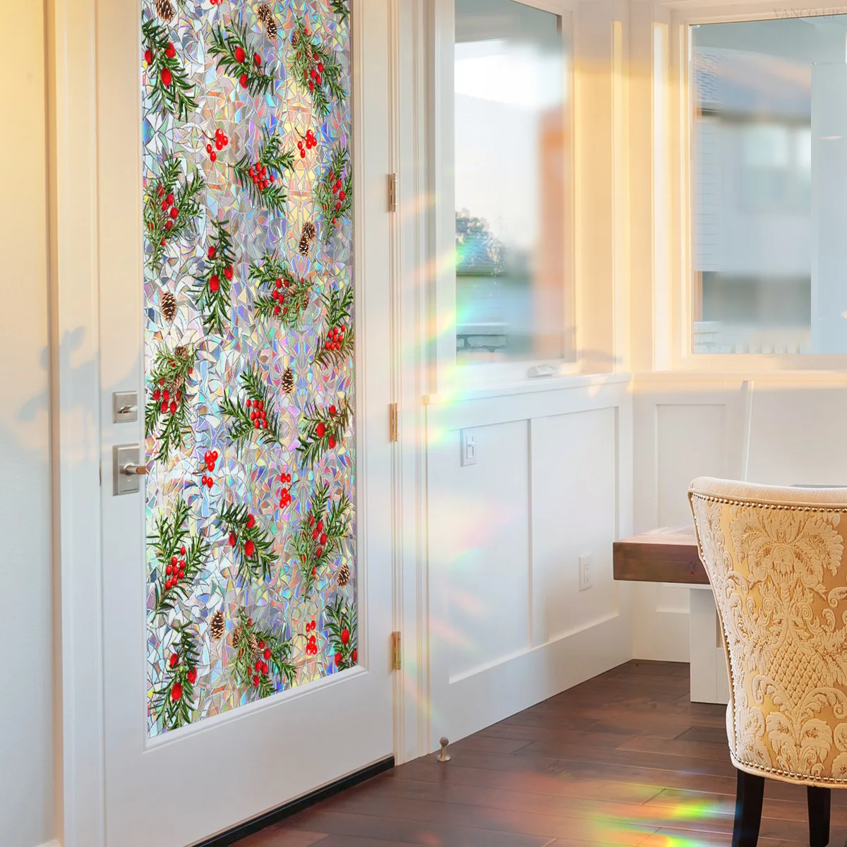 45x100cm Christmas Red Berry Pine Cone Sun Catcher Window Sticker Iridescent Static Cling Film for Holiday Glass Decoration