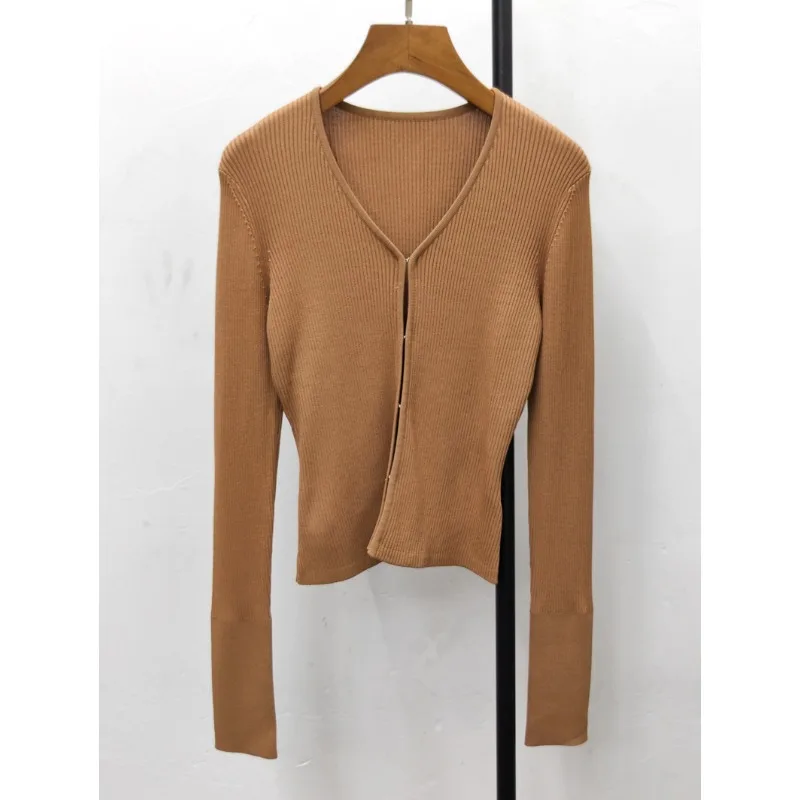 Crop Knit Cardigan Women's Spring Summer Low cropped Classic Short Ribbed Jacquard Knitted womens single breasted button-up sweaters Leisure Commuter workwear Scoopneck V-neck Long Sleeves Slim Fit Tops Cardigans for woman in Khaki brown