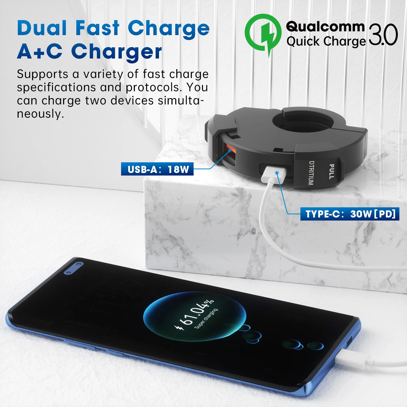 USB-C 30W PD and USB-A 18W QC 3.0 dual fast charge ports